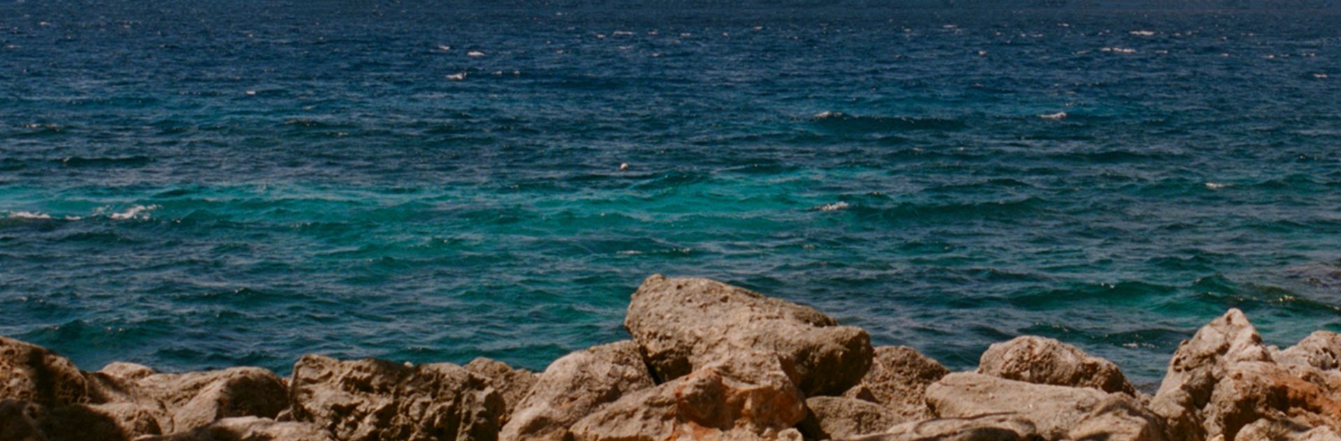 Rocky coastline with blue ocean backdrop 