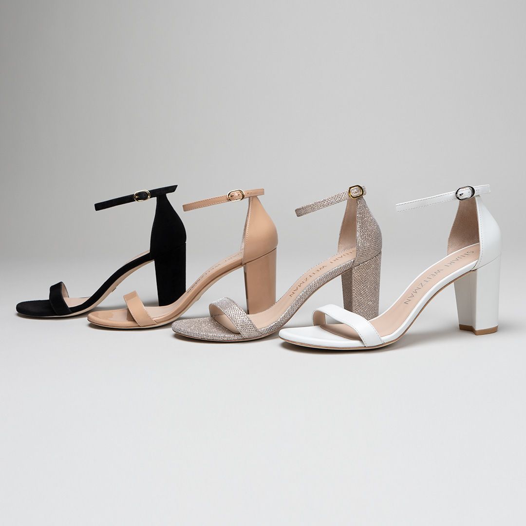 Stuart Weitzman Nudist Block-Heel Sandal 75 in black leather, Adobe Beige leather, Crystal Lamé fabric and white leather